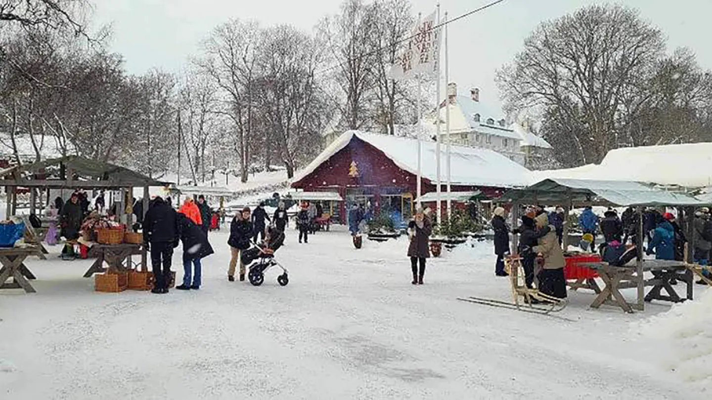 människor på vintermarknad